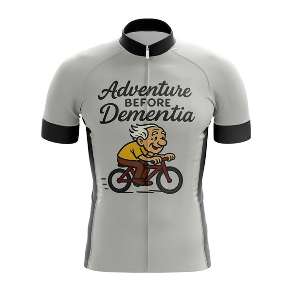 funny Cycling jersey with cartoon character and text 'Adventure Before Dementia'