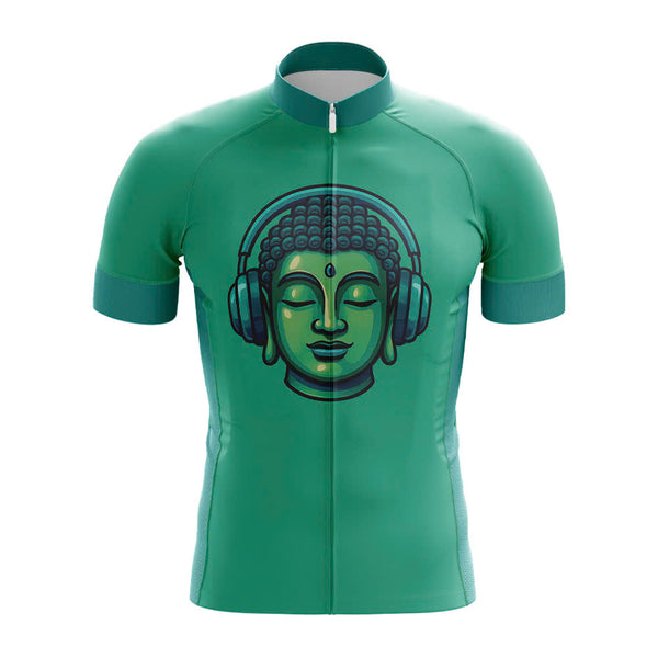 Green cycling jersey with Buddha graphic and headphones