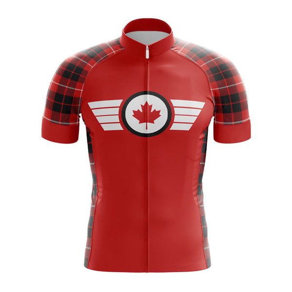 Red canada cycling jersey with plaid sleeves and a maple leaf design.