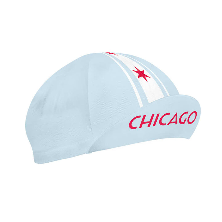 Light blue cycling cycling cap with 'Chicago' text and red stars.