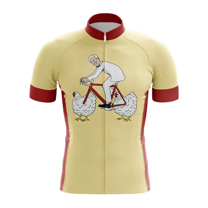 Cycling jersey with a graphic of a coronel sanders kfc riding a bike between two chickens on a beige background fried chicken funny jersey