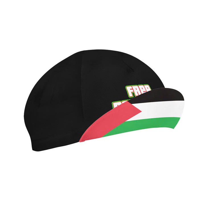 Black free palestine cycling cap with a Palestinian flag 