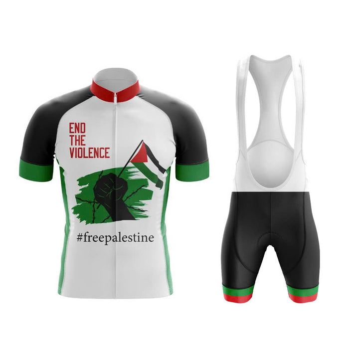 Cycling jersey and bib shorts with '#freepalestine' and 'End the Violence' text on a white background