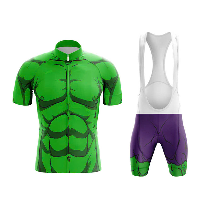 Cycling jersey and bib shorts with incredible hulk superhero design on a white background