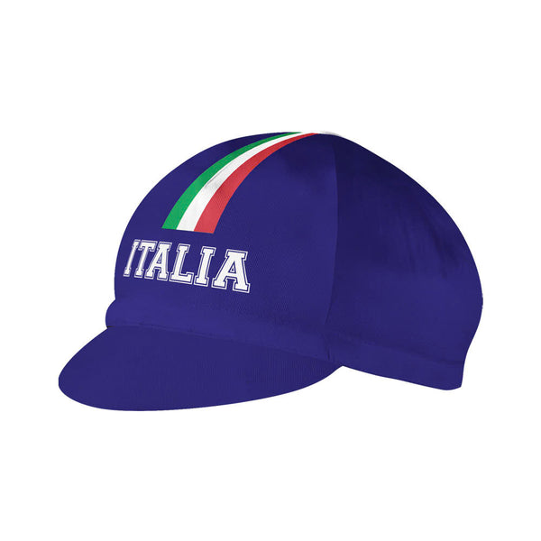 Cycling hat with Italian flag design and ITALIA text. 