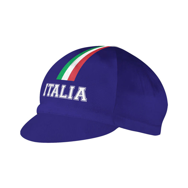 Cycling hat with Italian flag design and ITALIA text. 