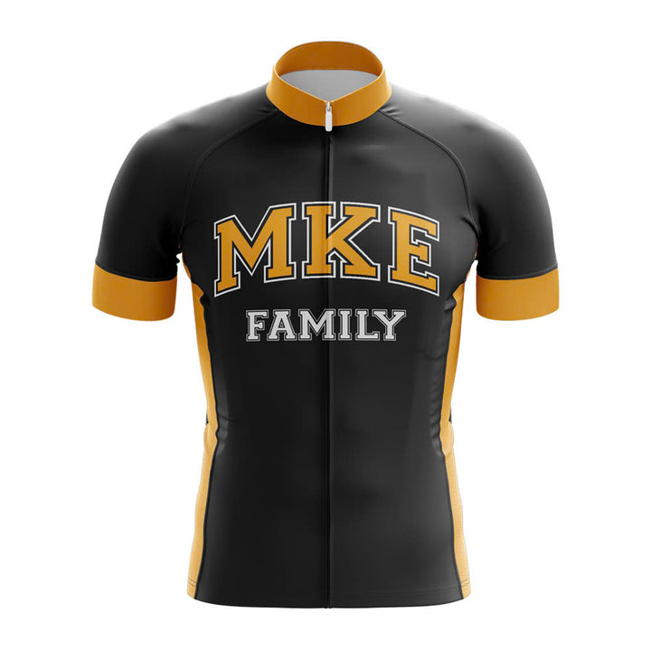 Black cycling jersey with 'MKE FAMILY' text on a white background