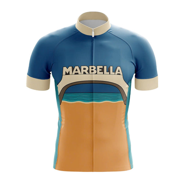 Cycling jersey with 'Marbella' branding on a white background