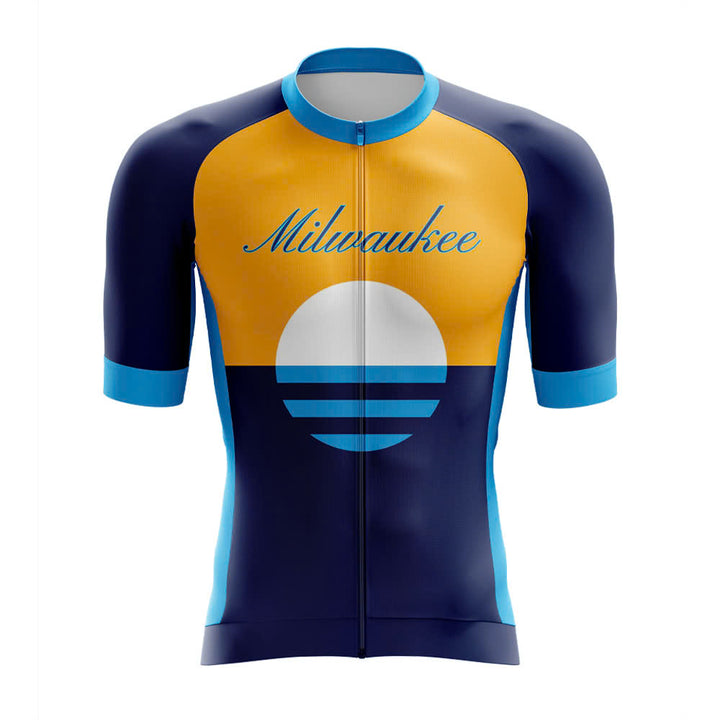 Cycling jersey with 'Milwaukee' text and blue and orange design on a white background