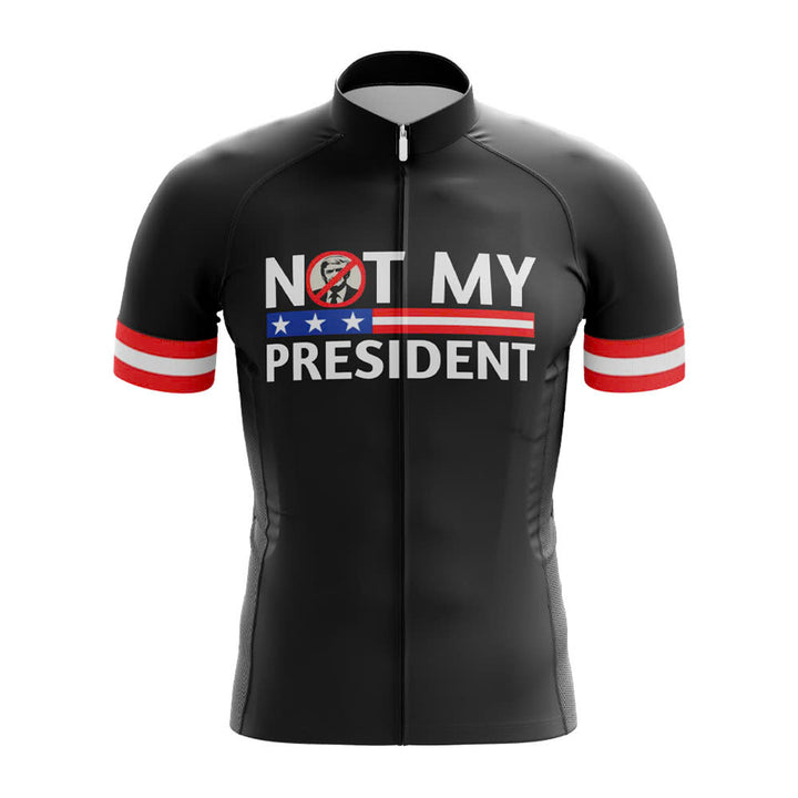 Black cycling jersey with 'Not My President' text and design on a white background anti donald trump