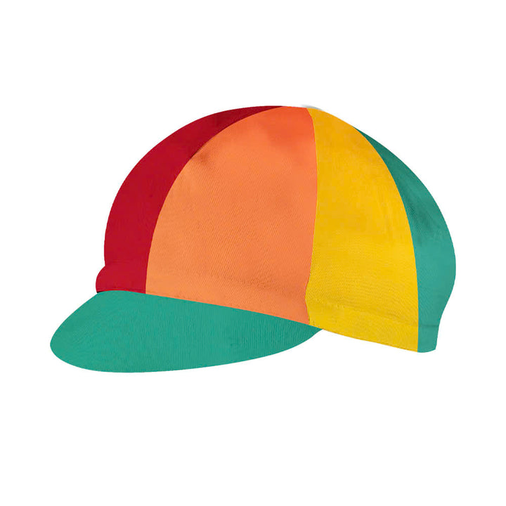 funny Colorful cycling cap with red, orange, yellow, and green sections on a white background