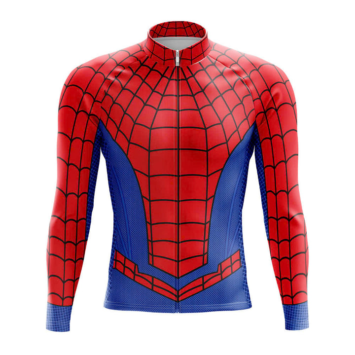 Spider-Man themed long-sleeve cycling shirt with red and blue design.