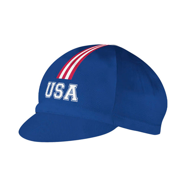 Blue cycling cap with 'USA' and red-white stripes.