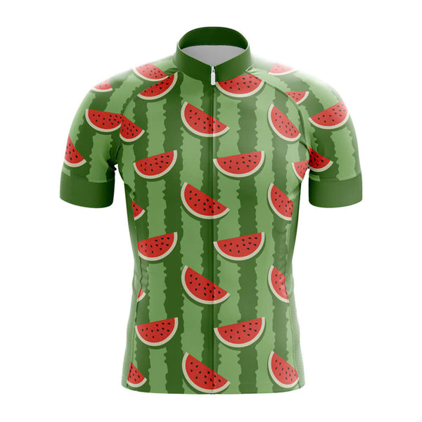 Green cycling jersey with watermelon pattern on a white background
