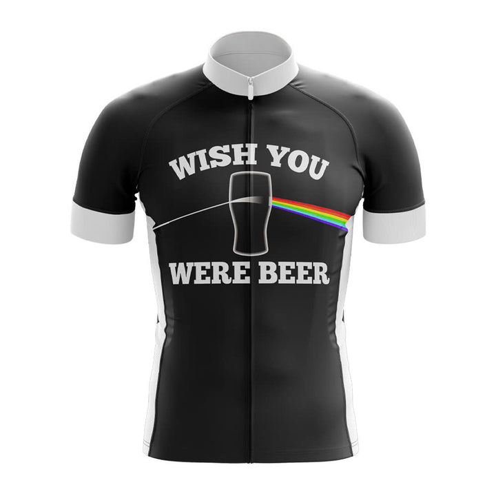 Black cycling jersey with 'Wish You Were Beer' text and rainbow design on a white background pink floyd